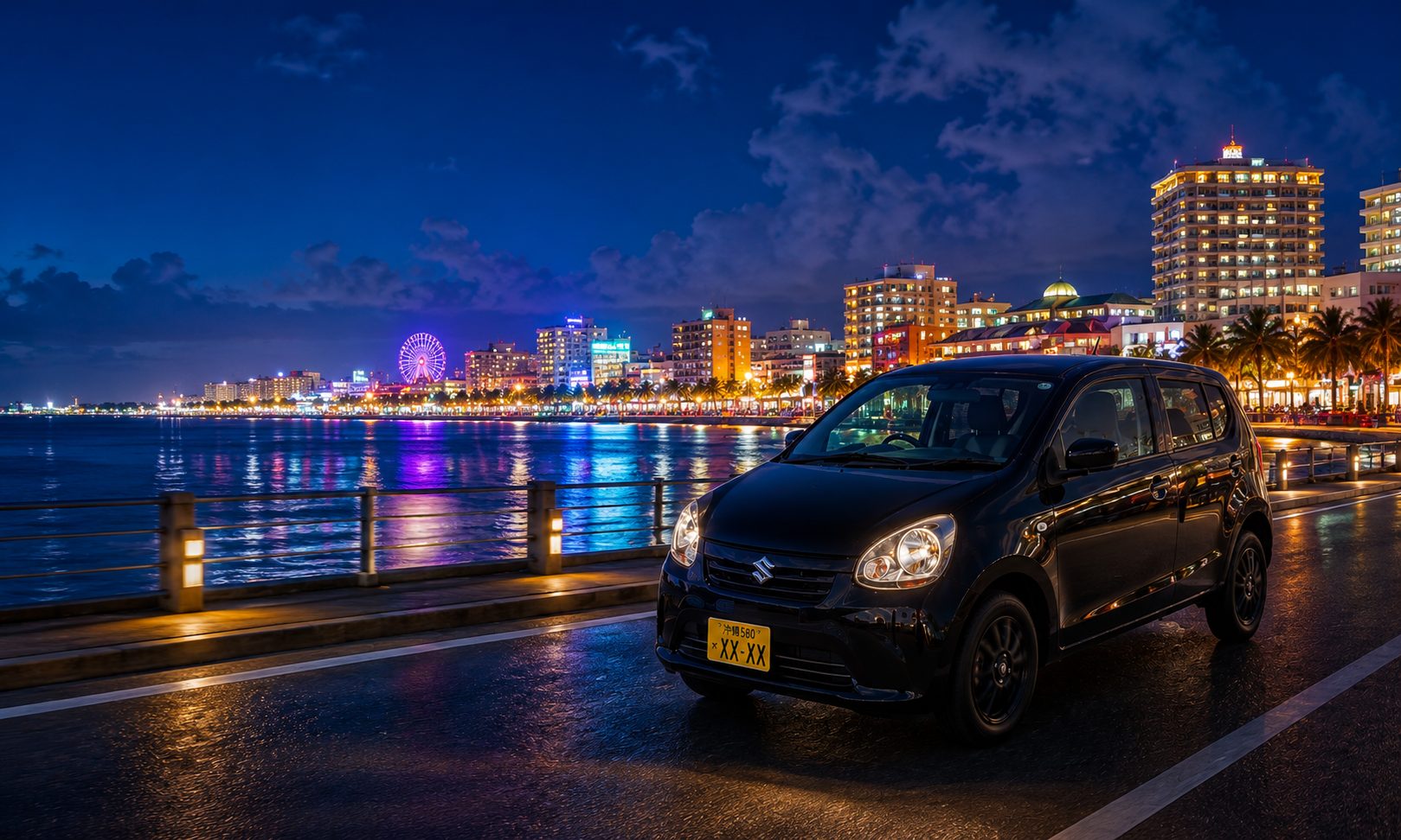 沖縄の夜景の中を走るMARUKI運転代行の車両